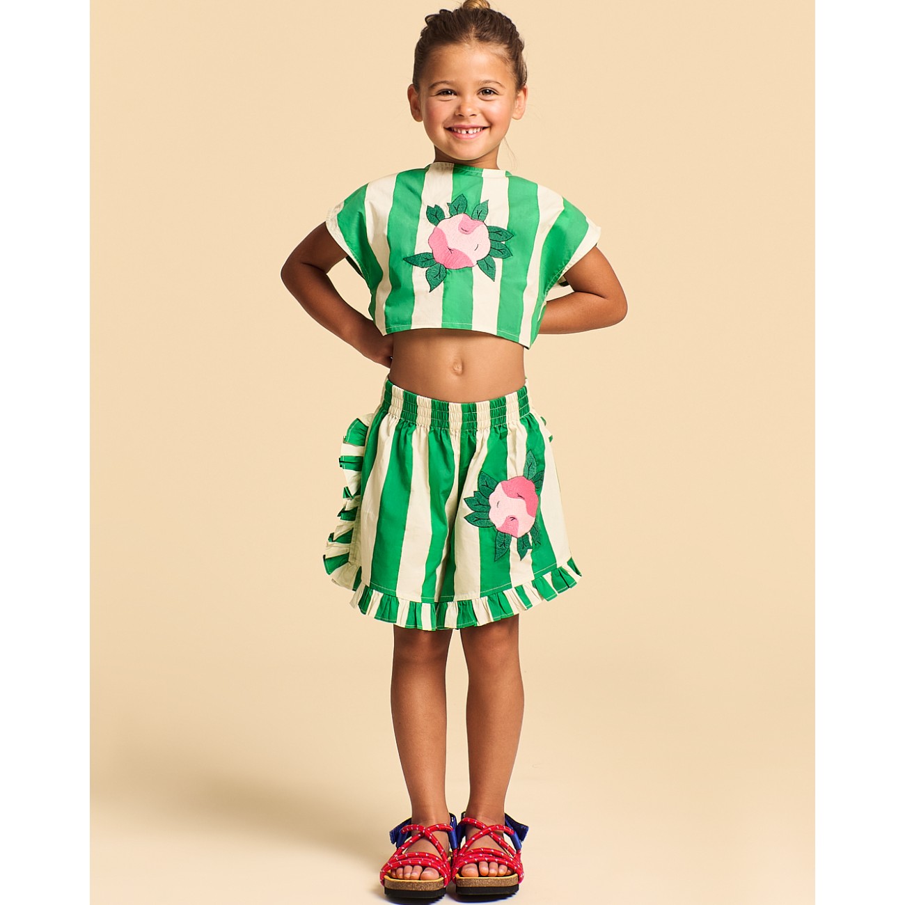 Flowers Stripes Top & Shorts | White/Green