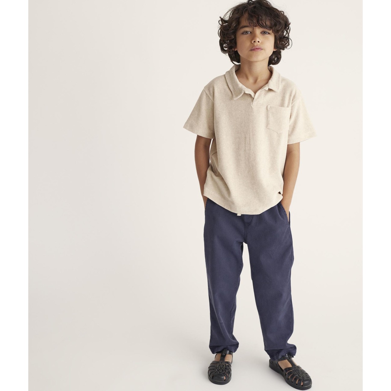 Maelk Ivory Toweling Polo Shirt & Fabiok Navy Light Twill Pants