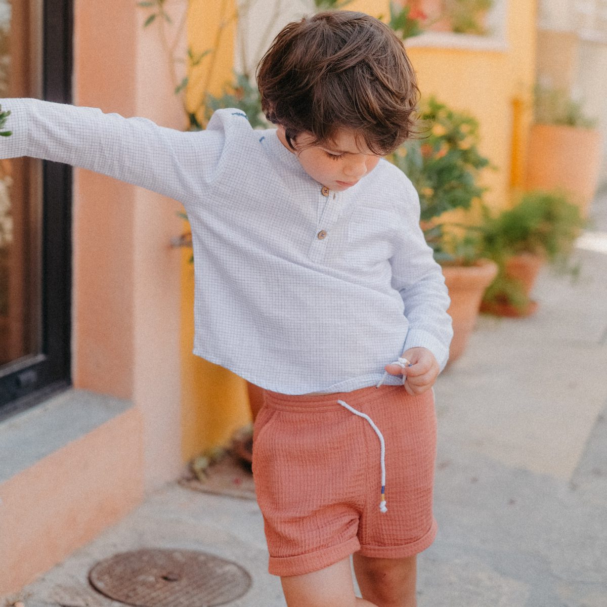 Blue check Amano Shirt & REVERSIBLE Terracota Aliki Shorts