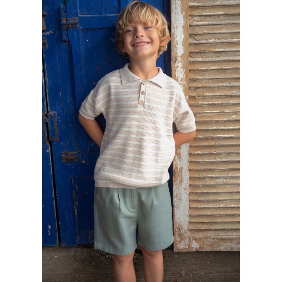 White Striped Knitted Jersey & Green Style Chino Shorts