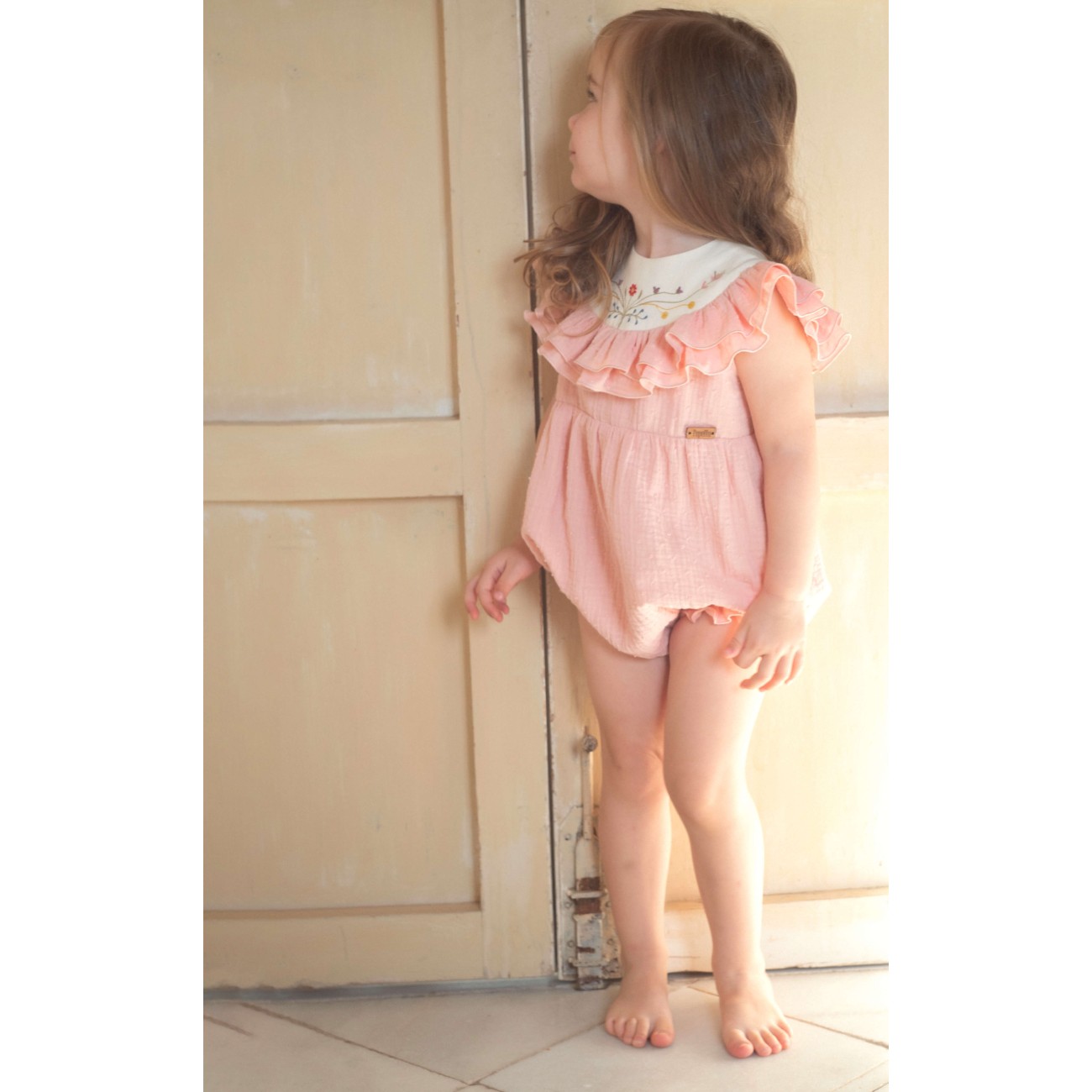 Pink Romper Suit W/ Embroidered Yoke & Frills
