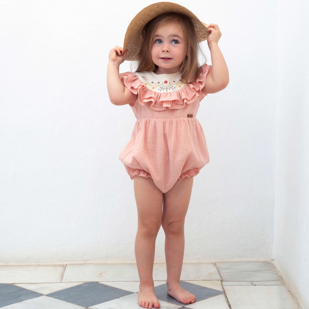 Pink Romper Suit W/ Embroidered Yoke & Frills