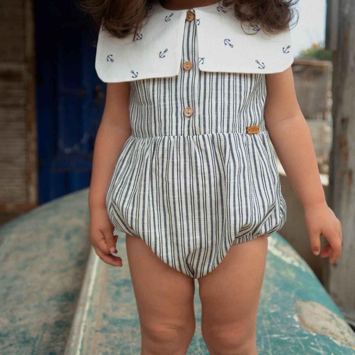 Embroidered Striped Romper Suit W/ Collar
