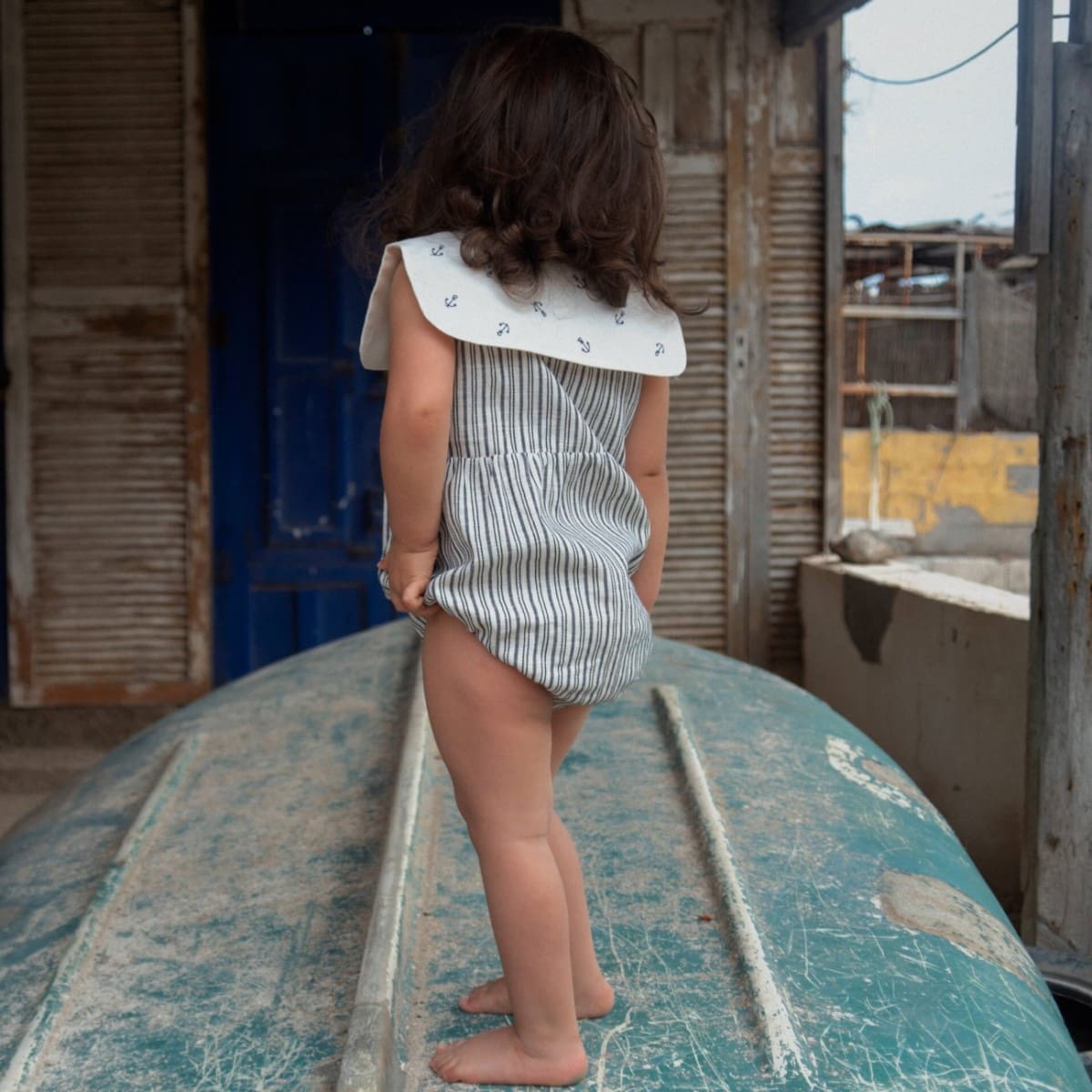 Embroidered Striped Romper Suit W/ Collar