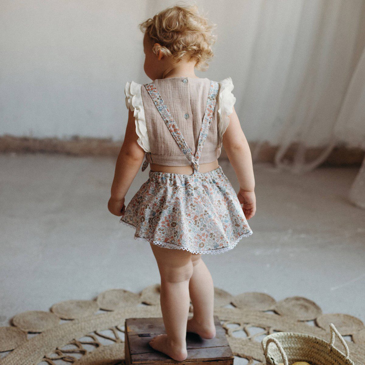 Organic Embroidered Top & Romper Suit with Removable Straps | Sand/Floral