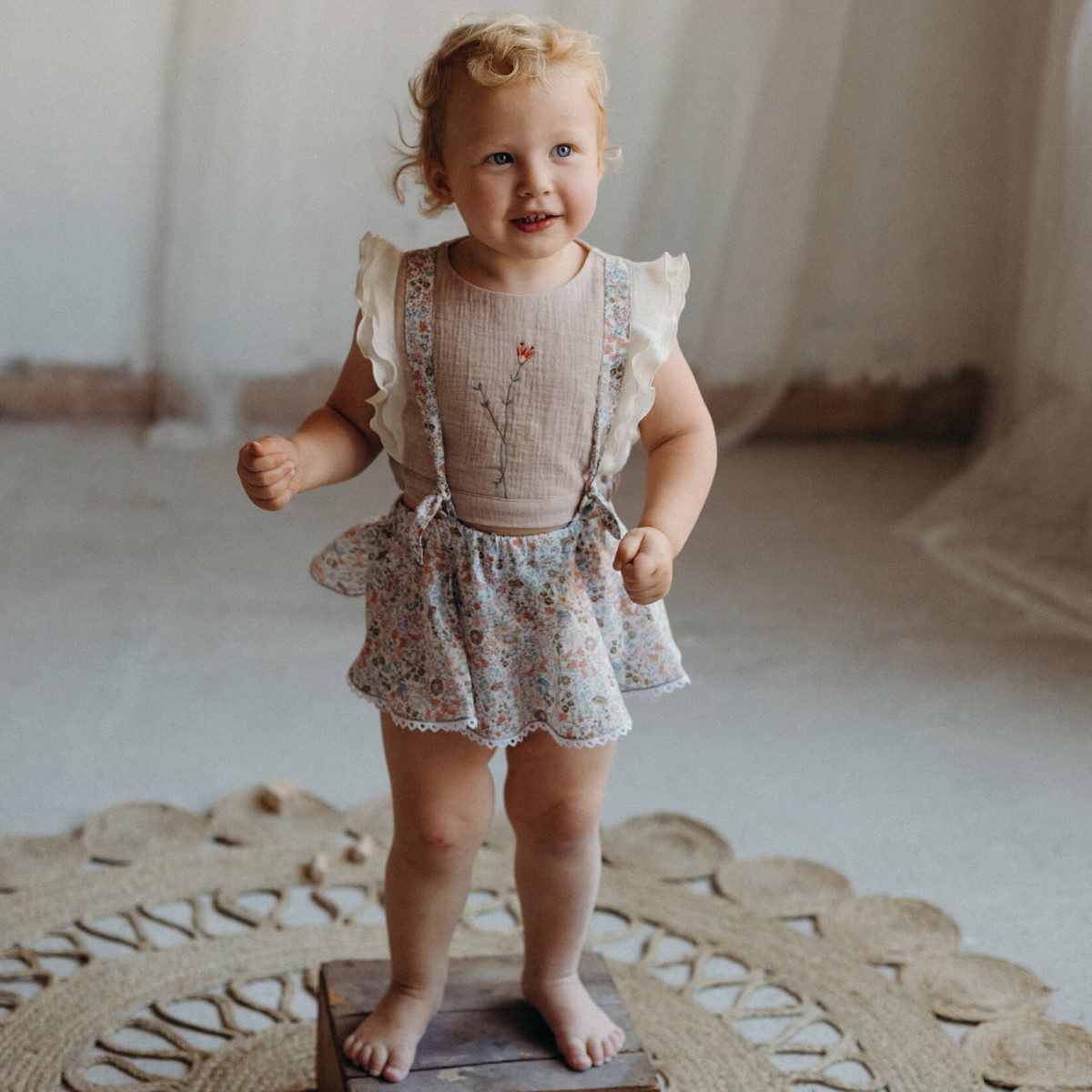 Organic Embroidered Top & Romper Suit with Removable Straps | Sand/Floral