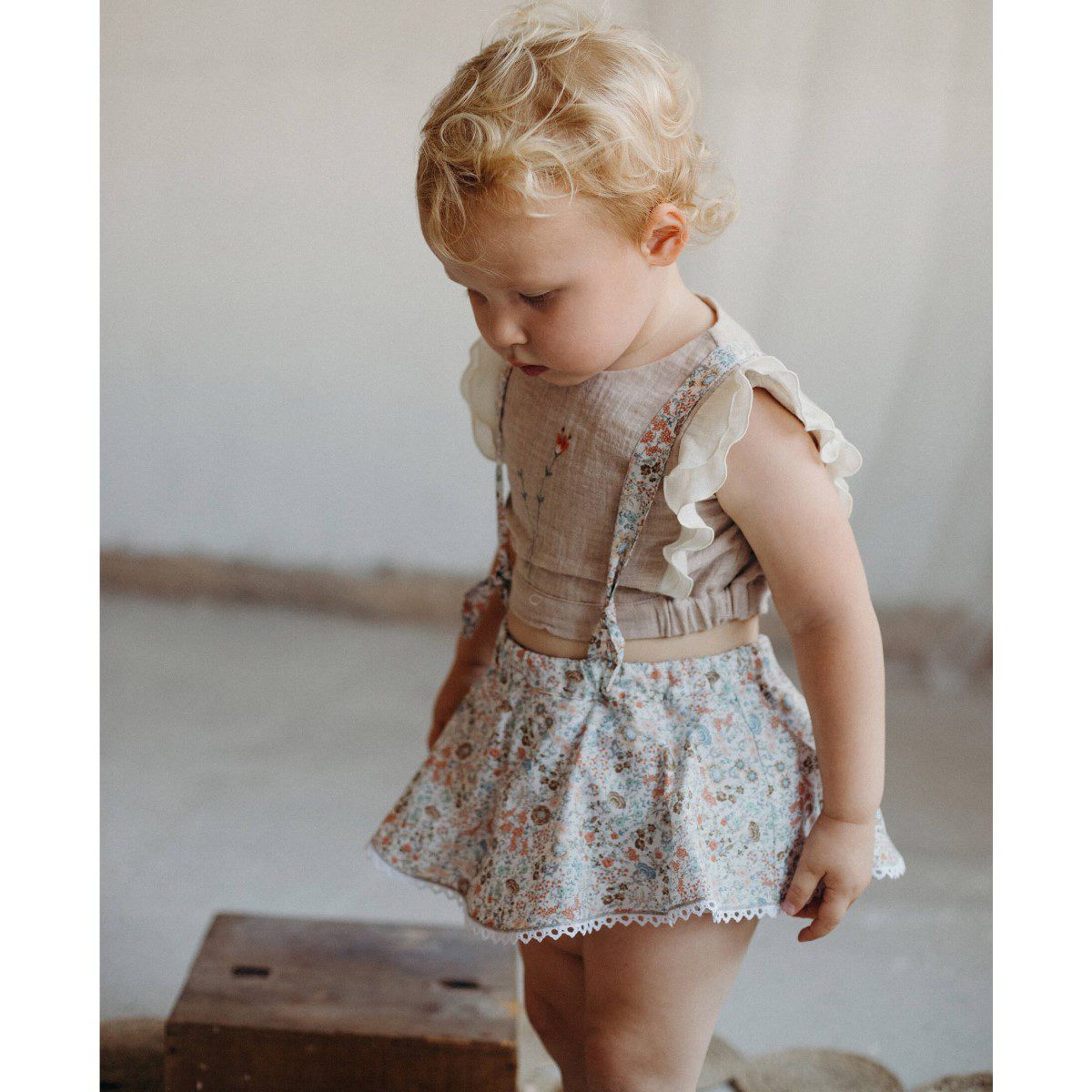 Organic Embroidered Top & Romper Suit with Removable Straps | Sand/Floral
