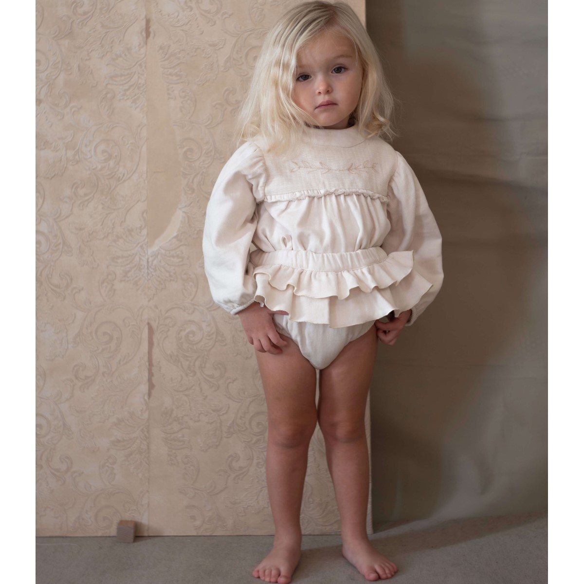 Frill Culotte W/ Removable Straps & Embroidered Blouse | Off White