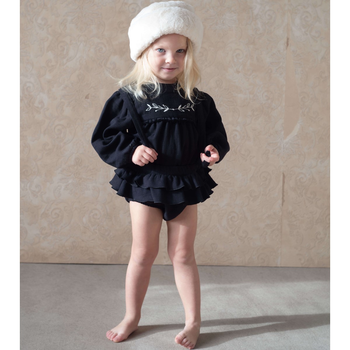 Frill Culotte W/ Removable Straps & Embroidered Blouse | Black