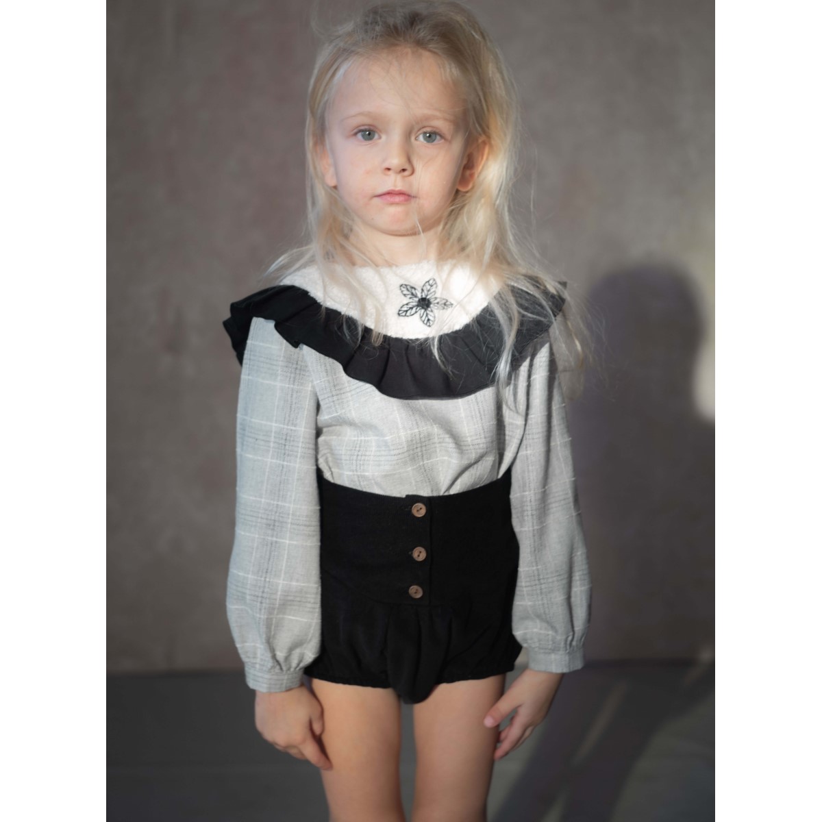 Corduroy High Waisted Culotte & Rounded Yolk Blouse | Black/Grey Plaid