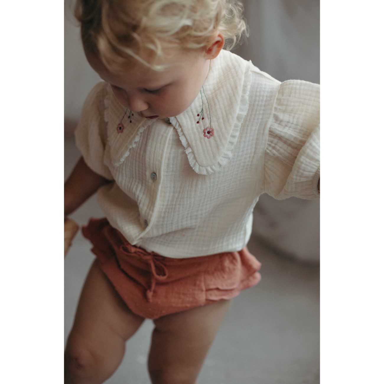 Off-white Organic Blouse W/ Embroidered Collar & Coral Culotte W/ Frills