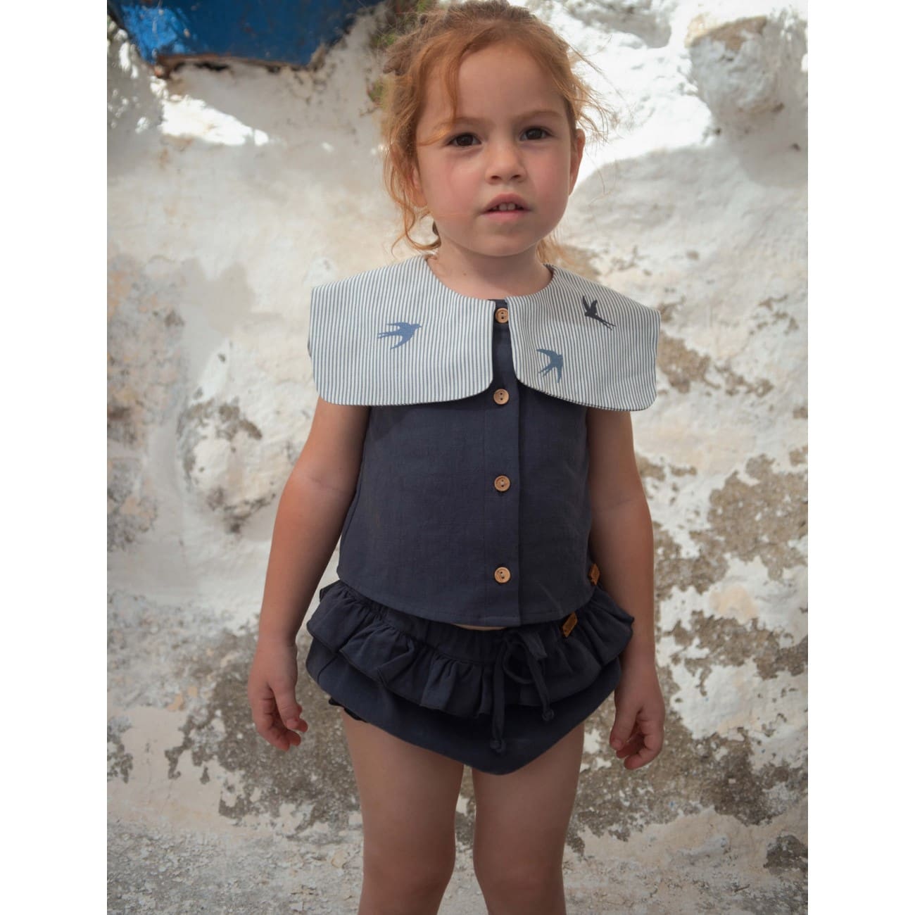 Blouse W/ Collar & Blue Culotte W/ Frills | Navy Blue