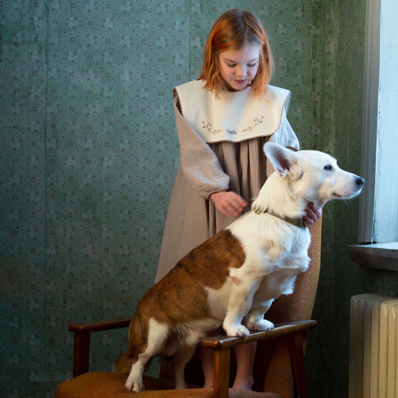 Taupe Dress in W/ Embroidered Yoke