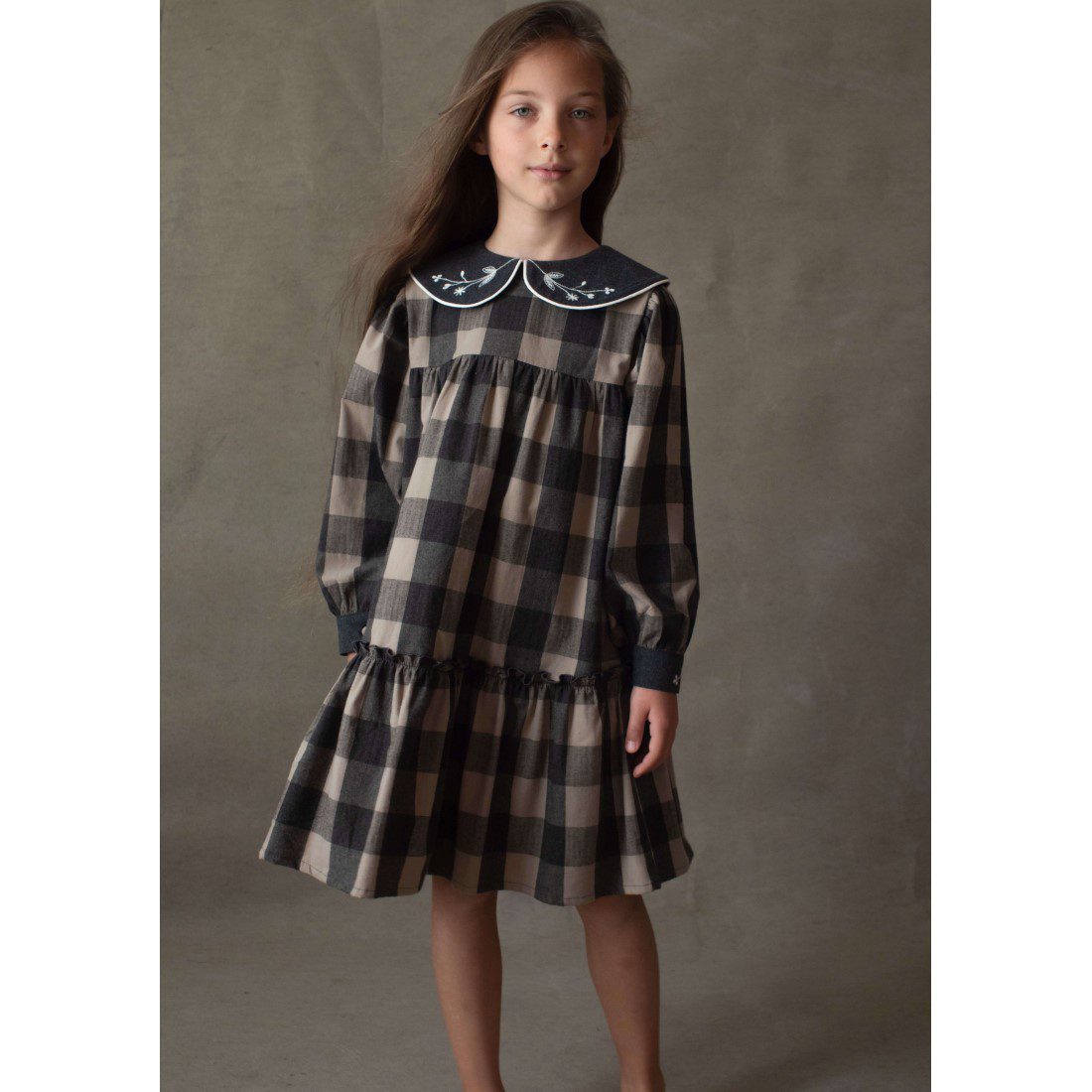 Taupe Check Dress W/ Embroidered Collar