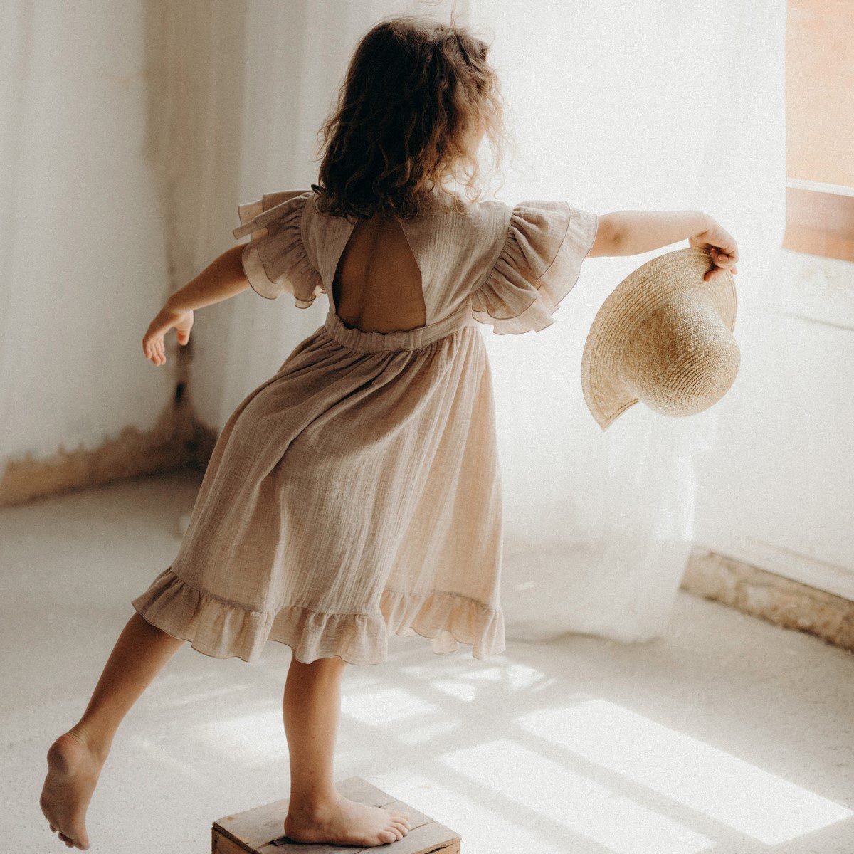 Organic Dress with Embroidered Yoke and Appliqué | Sand