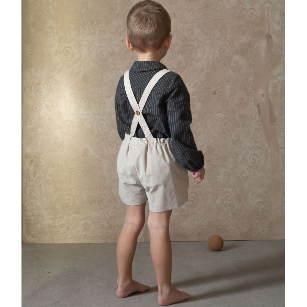 Beige Velvet Short Romper & Striped Shirt Style Romper Suit