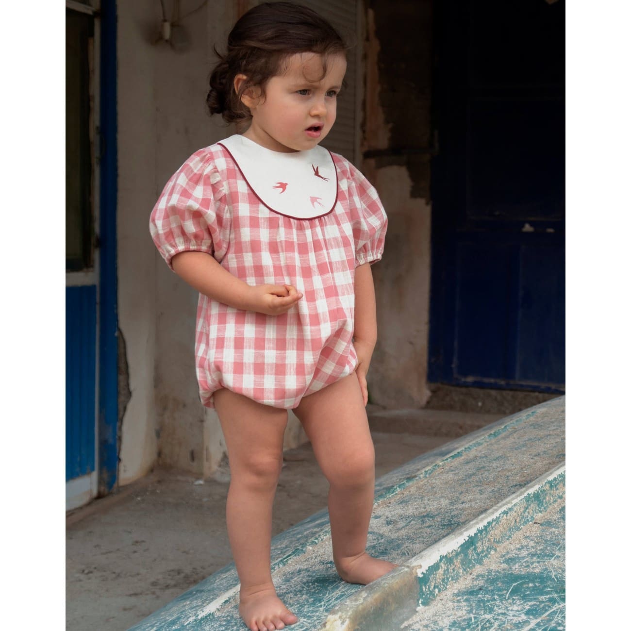 Pink Check Embroidered Romper Suit W/ Yoke