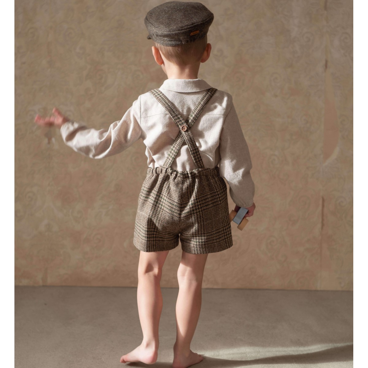 Brown Plaid Wollen Short Romper Suit & Sand Shirt Style Romper Suit