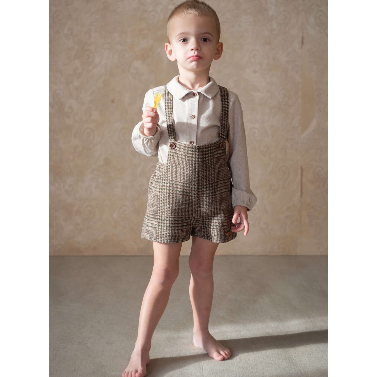 Brown Plaid Wollen Short Romper Suit & Sand Shirt Style Romper Suit