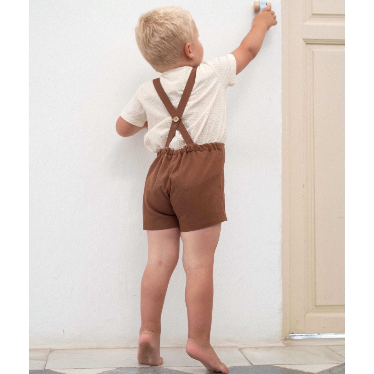 Off-white Shirt Style Romper Suit & Terracotta Panelled Dungarees