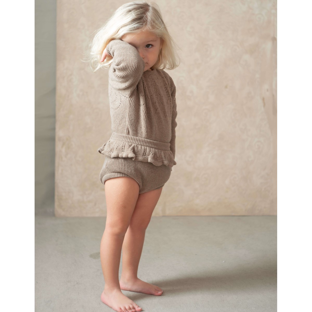 Openwork Knit Romper Suit | Camel