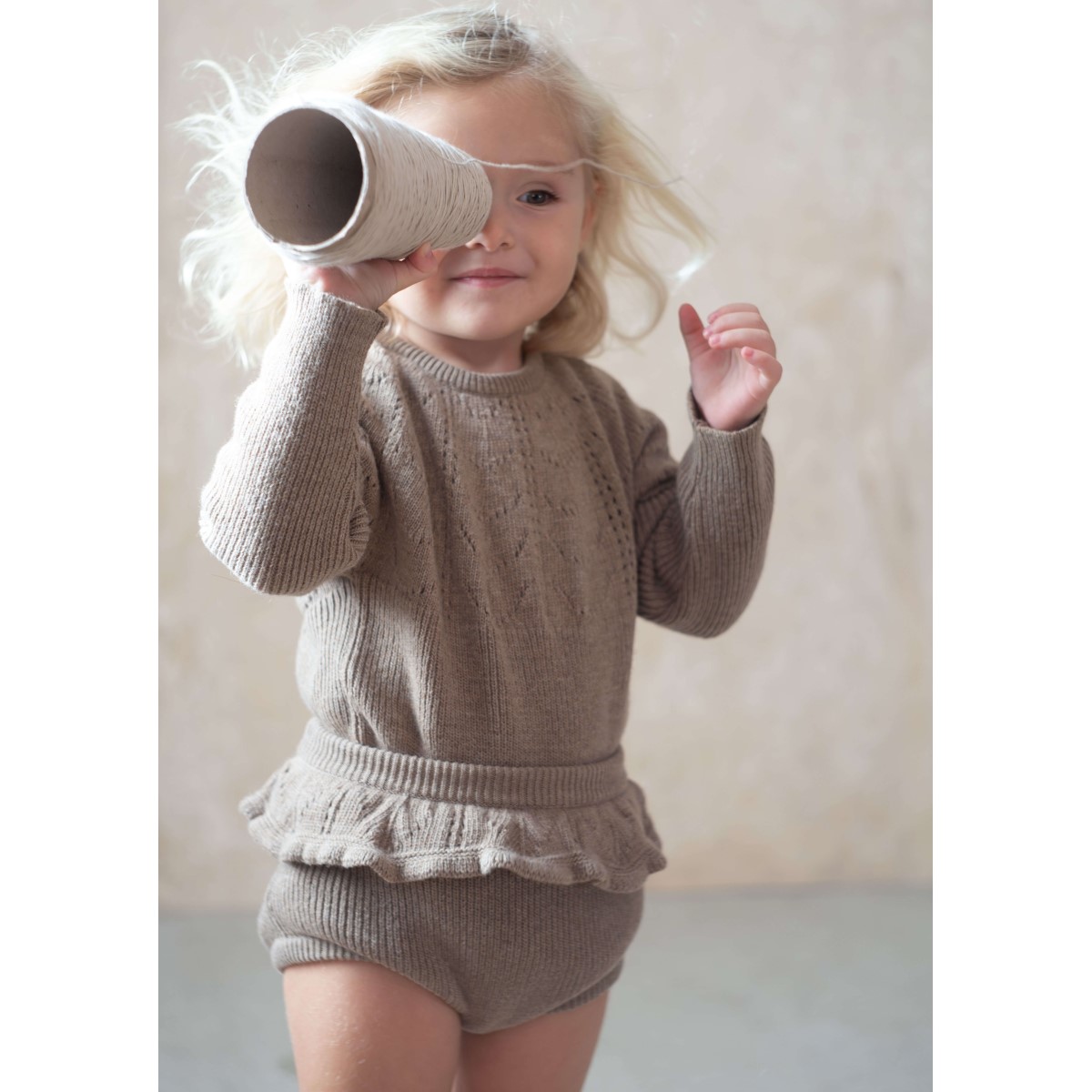 Openwork Knit Romper Suit | Camel