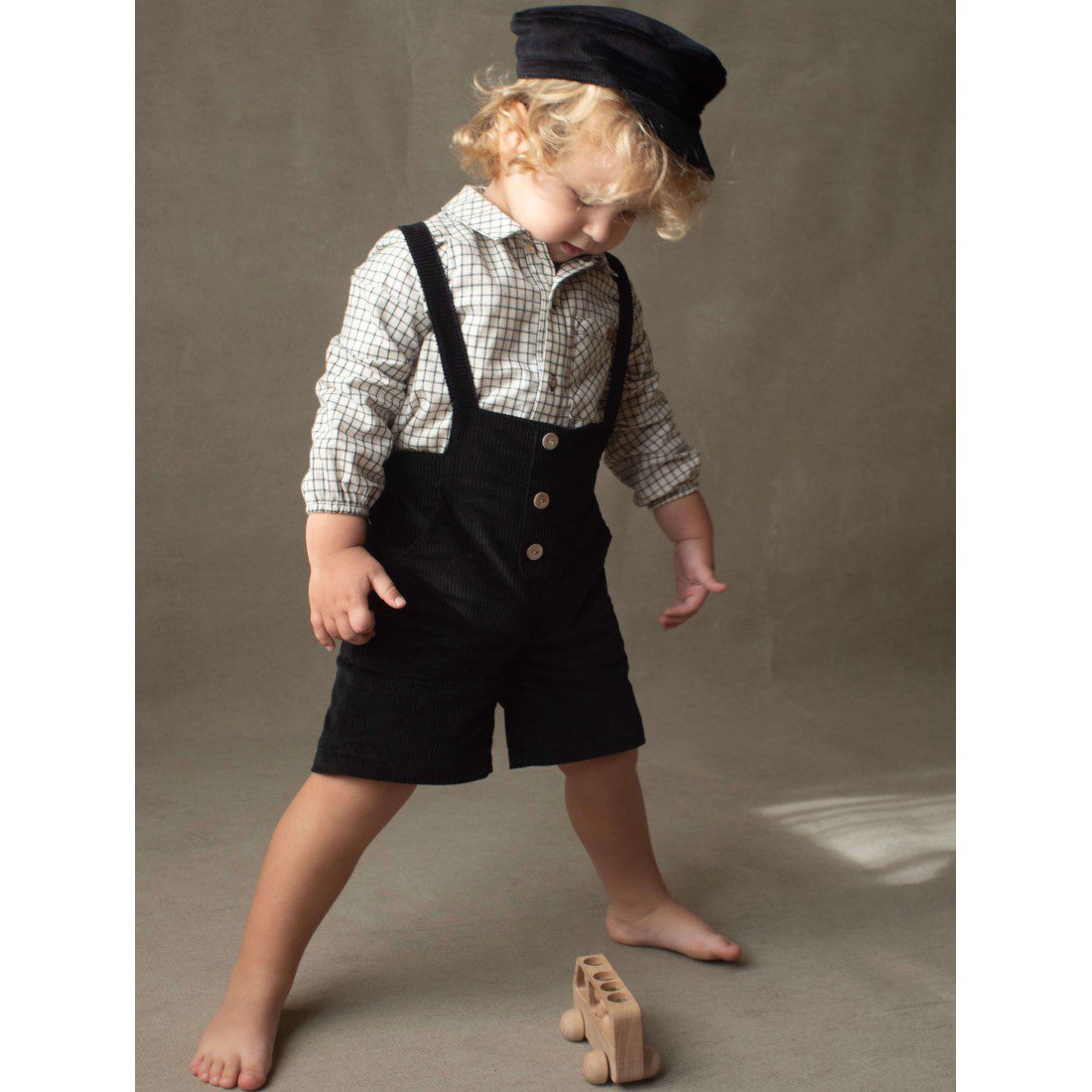 Off-white Check Shirt Romper Suit & Black Short Dungarees