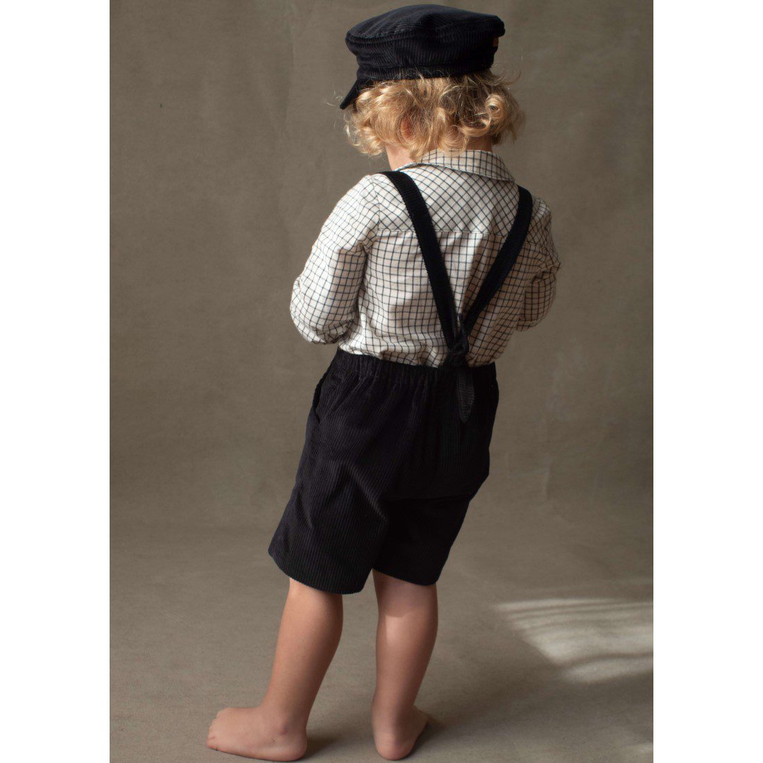 Off-white Check Shirt Romper Suit & Black Short Dungarees