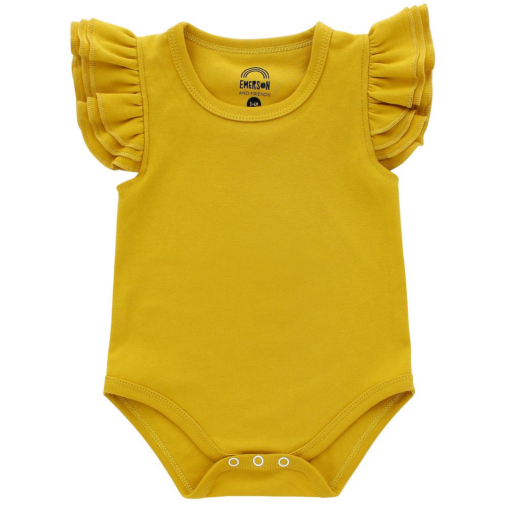 Mustard Flutter Sleeve Baby Bodysuit