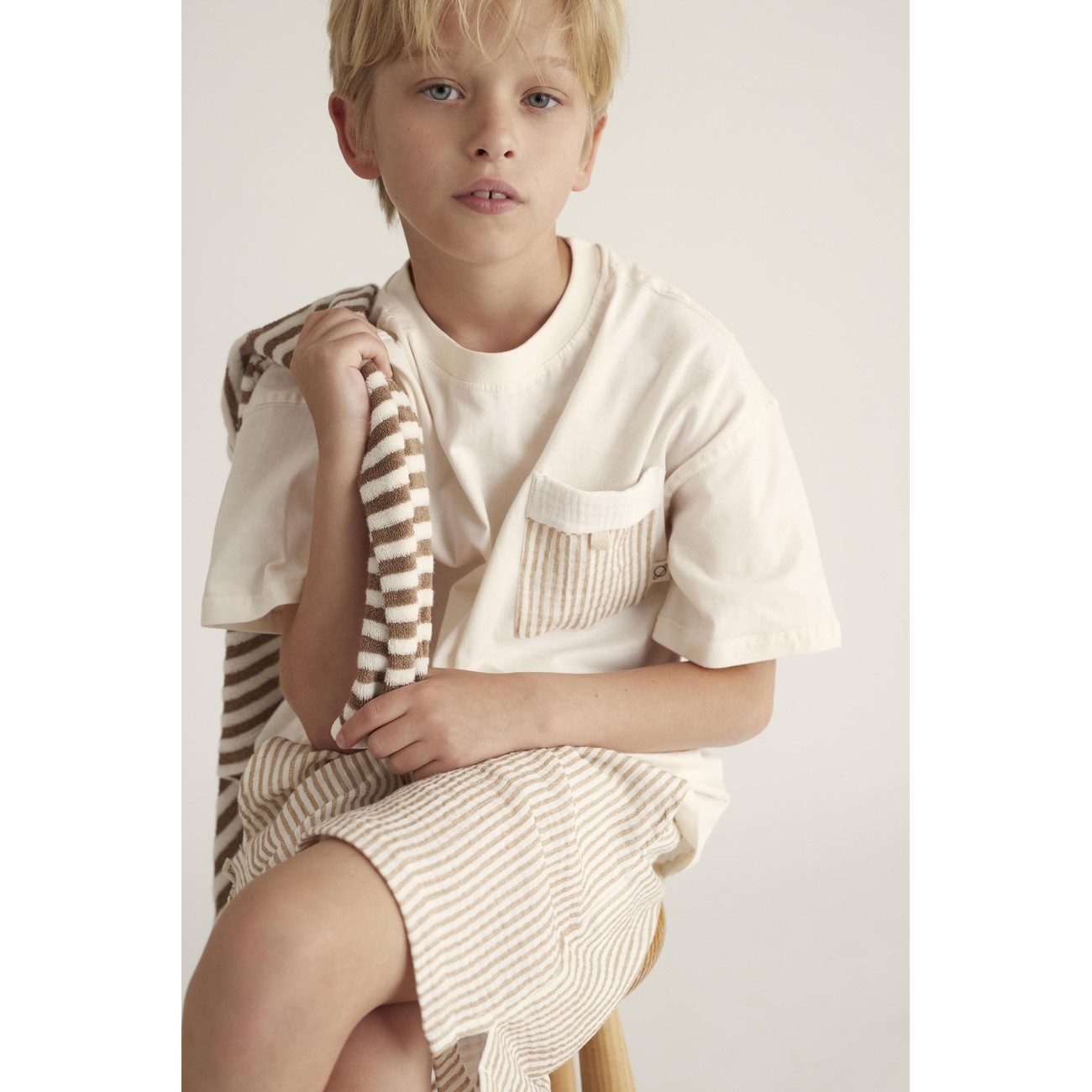 Neilk Tshirt & Alexk Striped Gauze Bermuda | Ivory/Coffee
