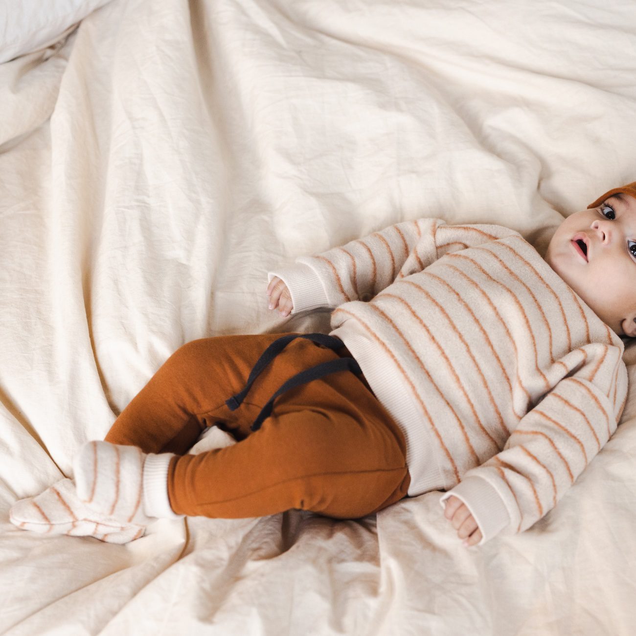 Warm Cream Stripes Sweater & Burnt Sienna Drop Crotch Pants