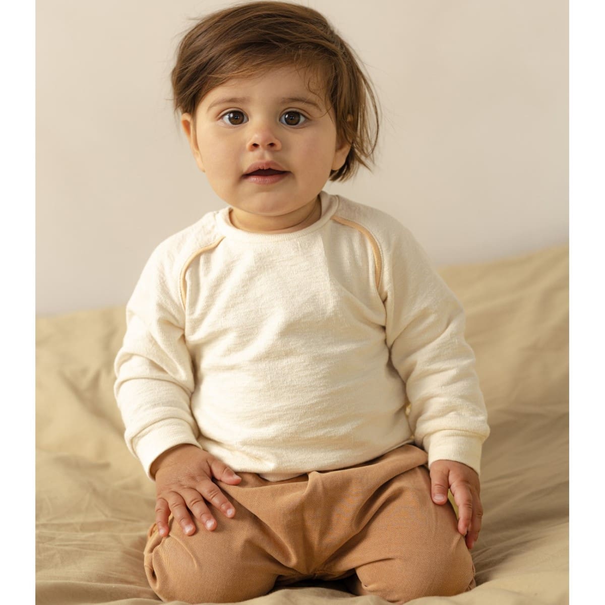 Baby Textured Crewneck Top & Twill Chino | Coconut/Dune