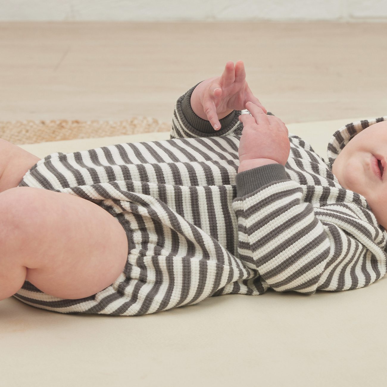 Waffle Hooded Bubble Romper | Charcoal Stripe