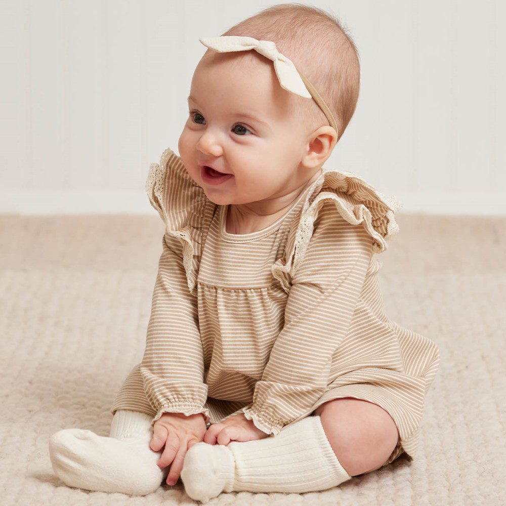 Long Sleeve Flutter Dress W/ Bloomer | Latte Micro Stripe