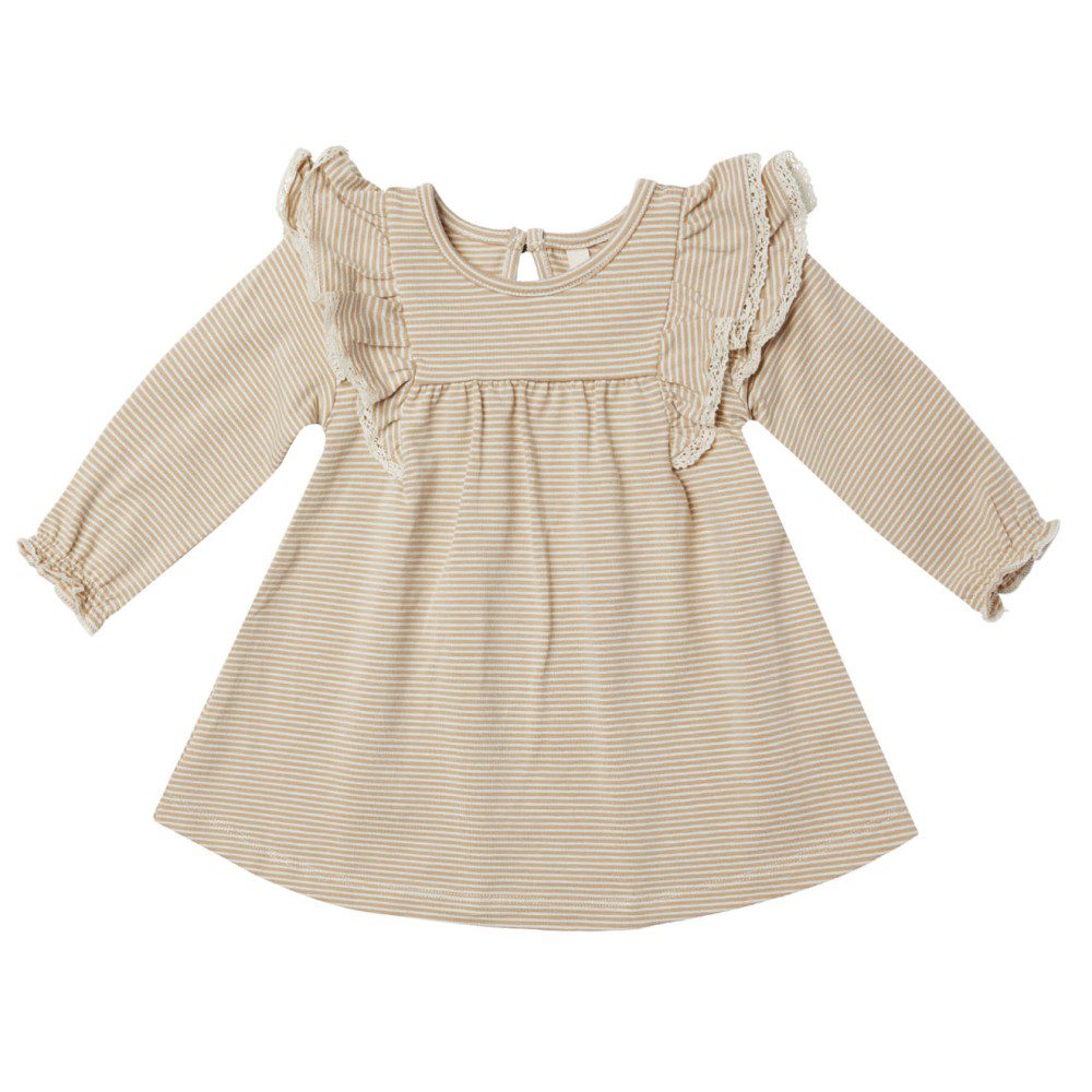 Long Sleeve Flutter Dress W/ Bloomer | Latte Micro Stripe