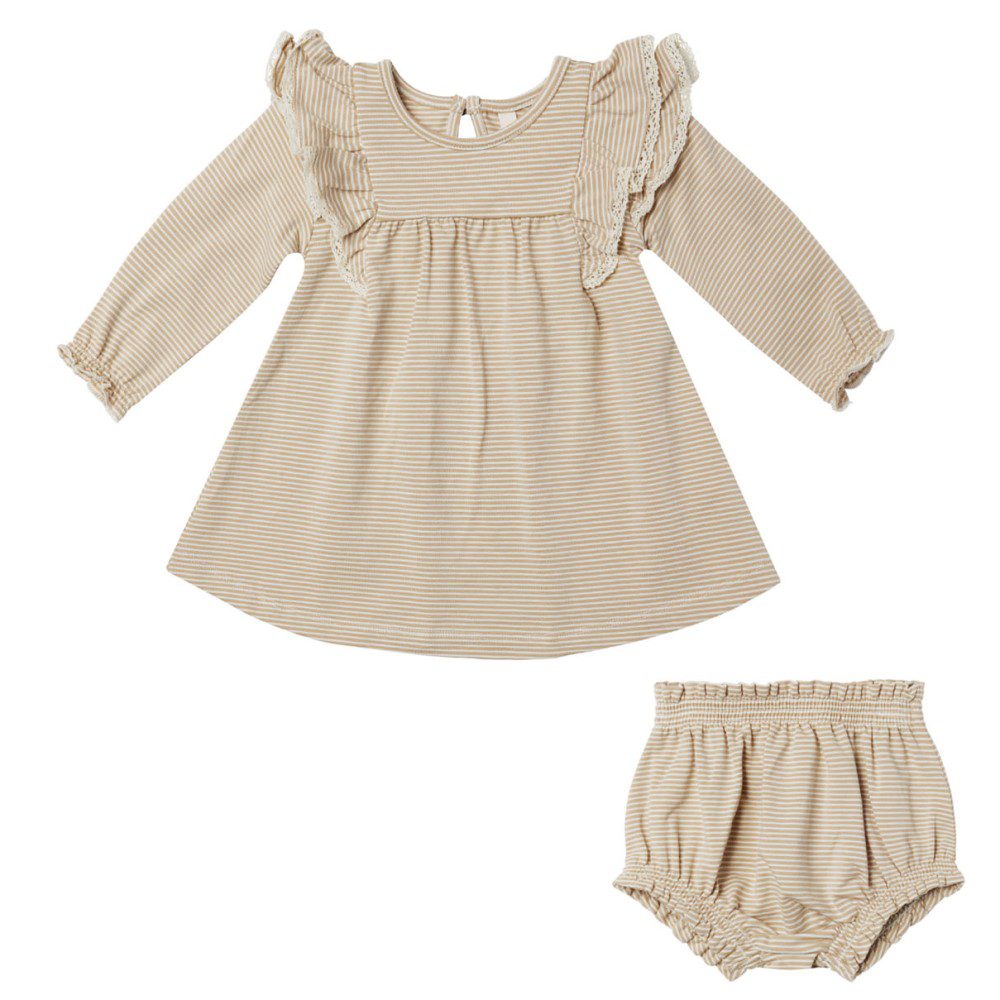 Long Sleeve Flutter Dress W/ Bloomer | Latte Micro Stripe