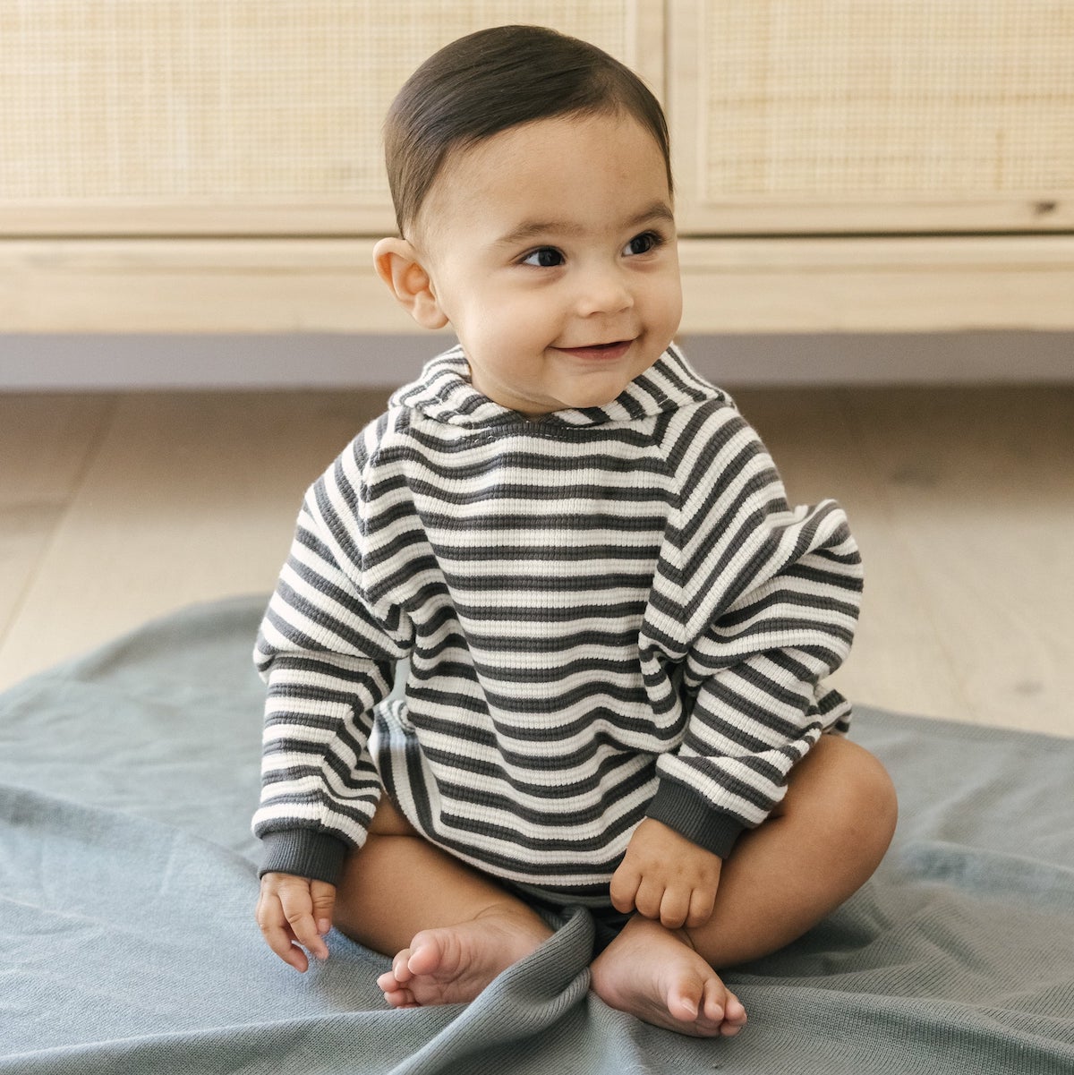 Waffle Hooded Bubble Romper | Charcoal Stripe