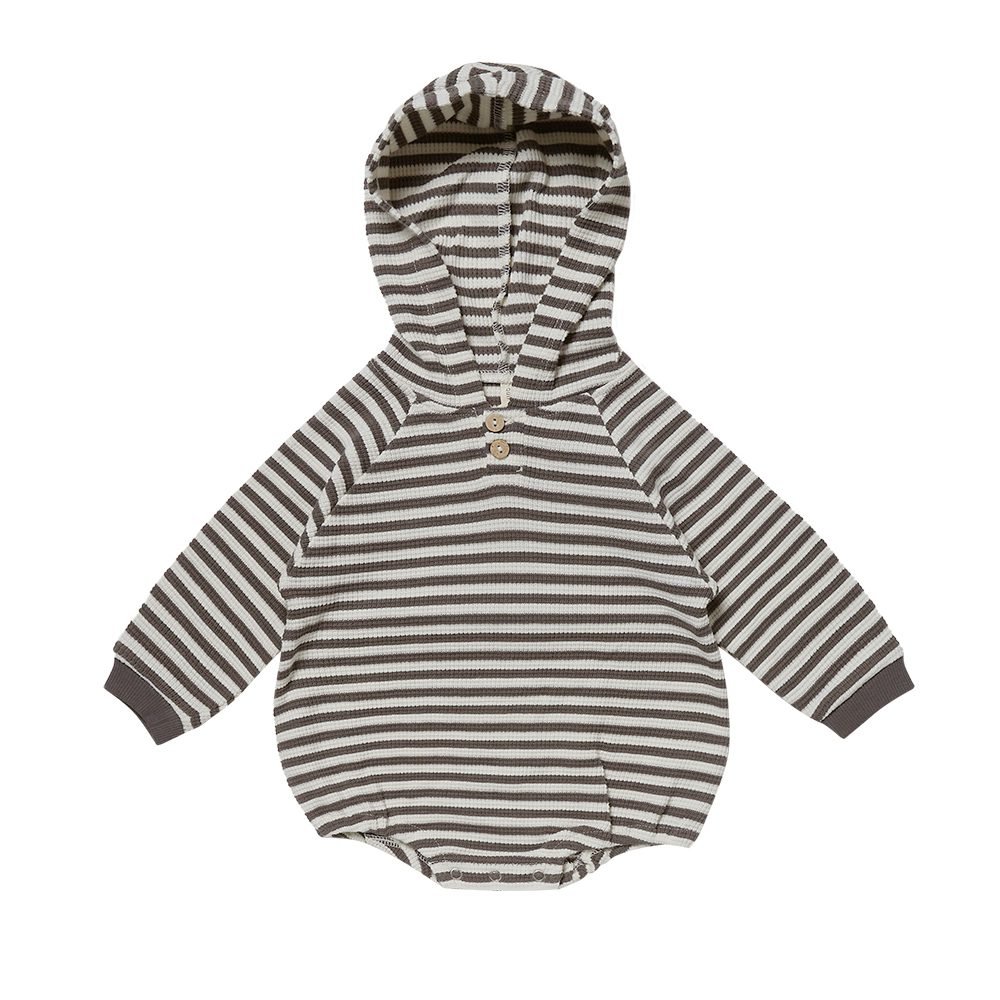 Waffle Hooded Bubble Romper | Charcoal Stripe