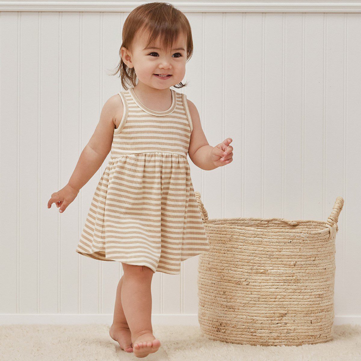 Ribbed Tank Dress + Bloomer | Latte Stripe