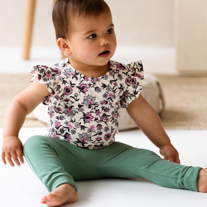 Ruffled Bodysuit & Slim Baby Ruffled Pants | Very Berry Flower/Seaweed