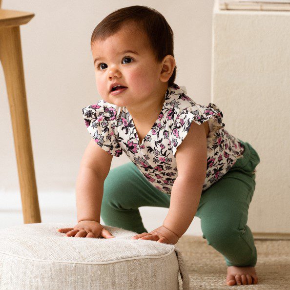 Ruffled Bodysuit & Slim Baby Ruffled Pants | Very Berry Flower/Seaweed
