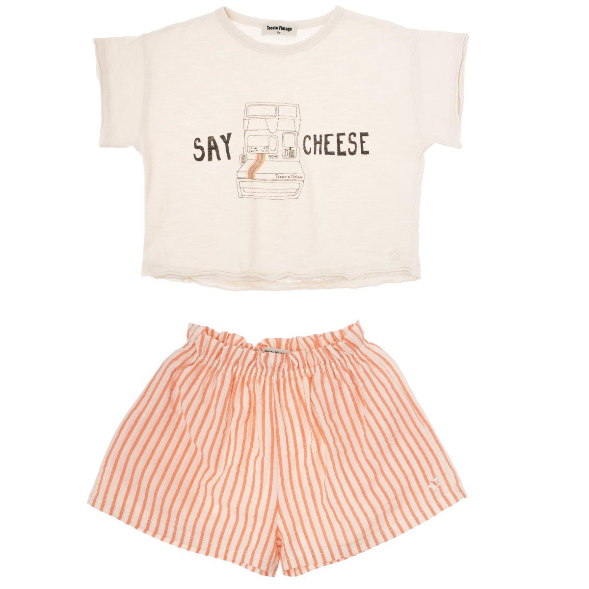 Say Cheese Polaroid T-Shirt & Striped Short | Off-White/Pink
