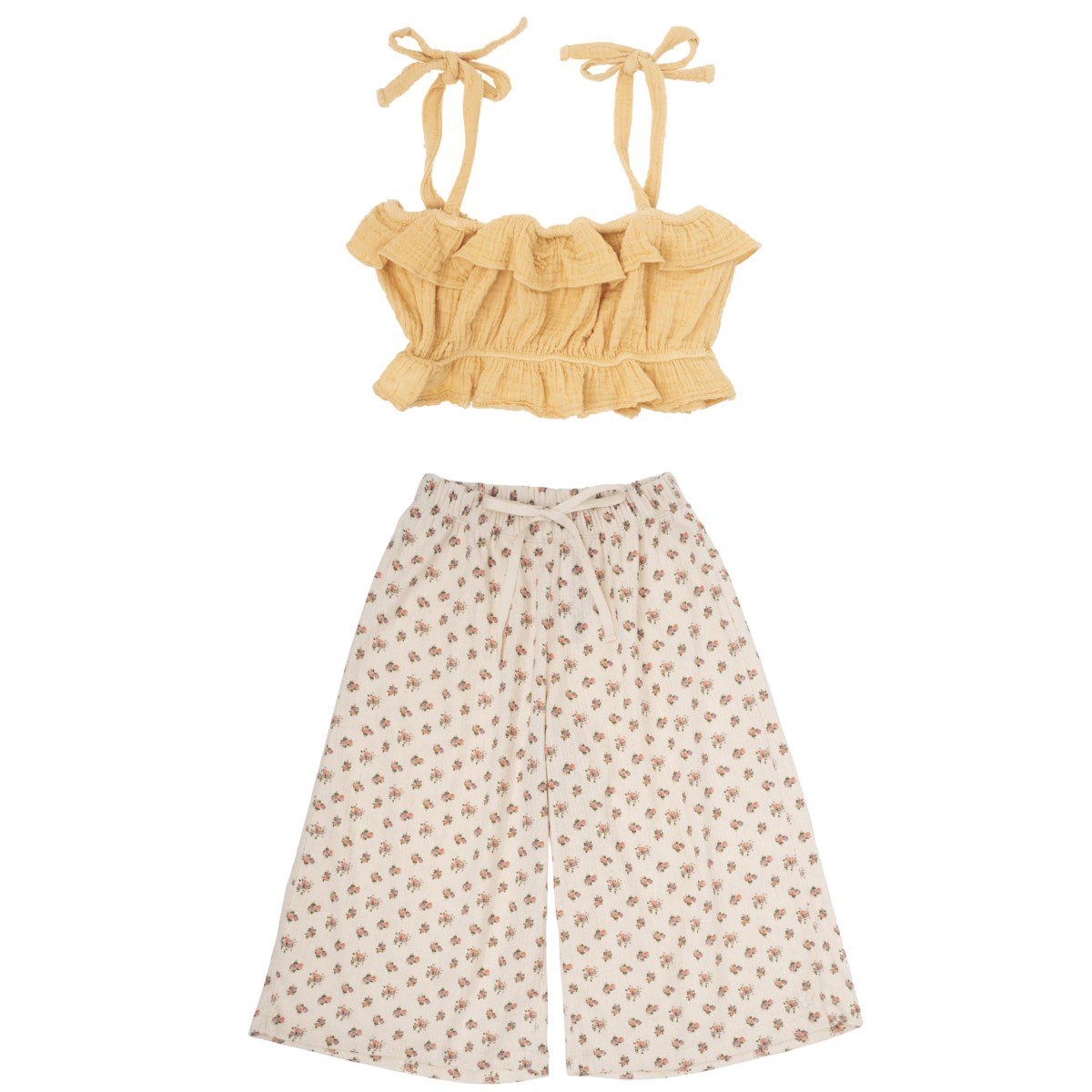 Plumeti Fabric Strappy Top & Floral Print Palazzo Pants Kid | Yellow/Off-White