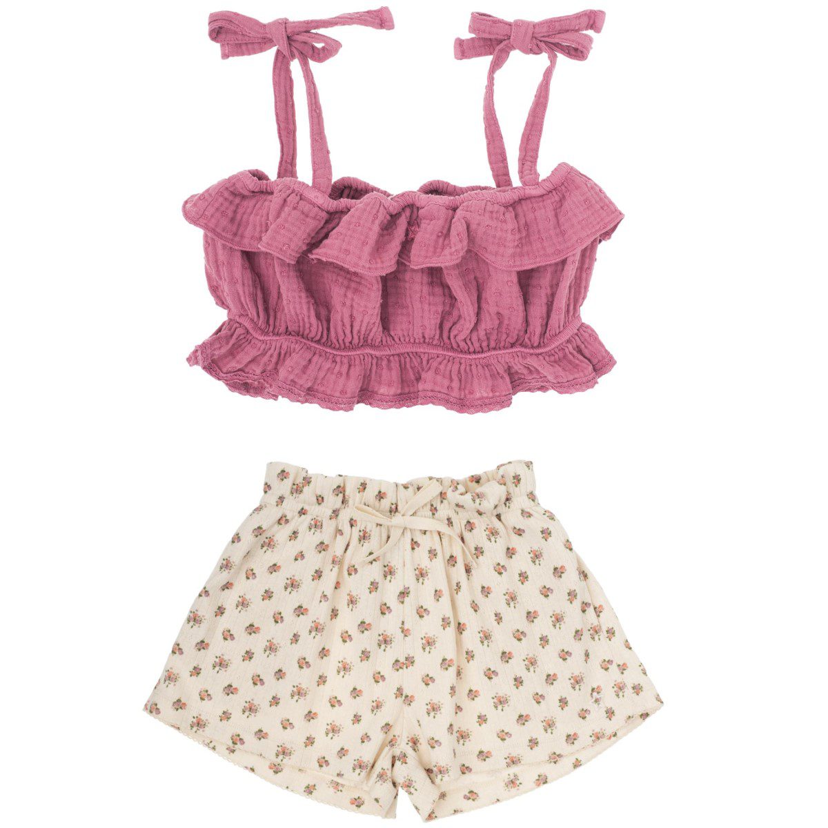 Plumeti Fabric Strappy Top & Flower Print Kid Short | Pink Fluor/Off-White