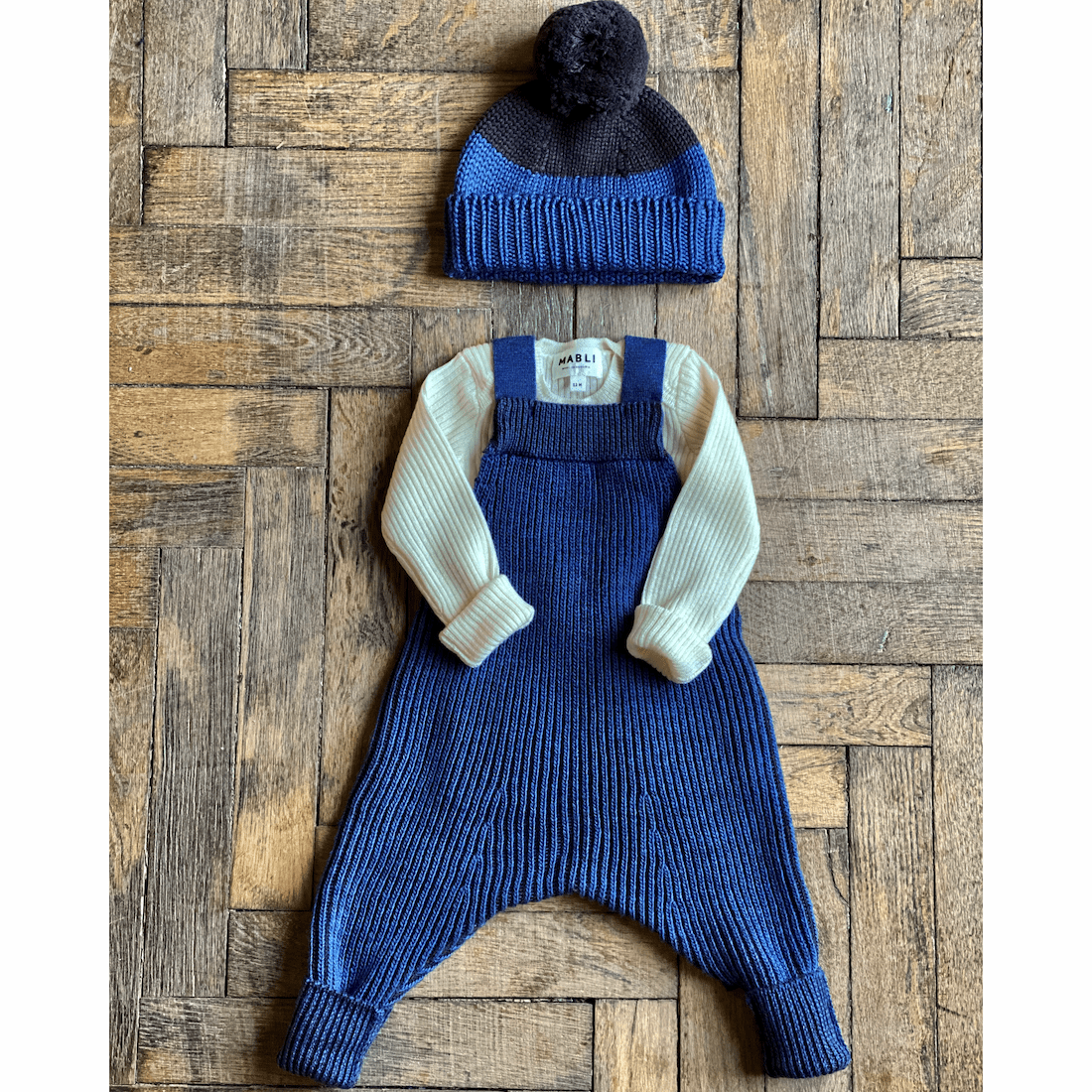 Slate Blue Cocoa Caio Dungarees & Ivory Sylfaen Skinny Rib