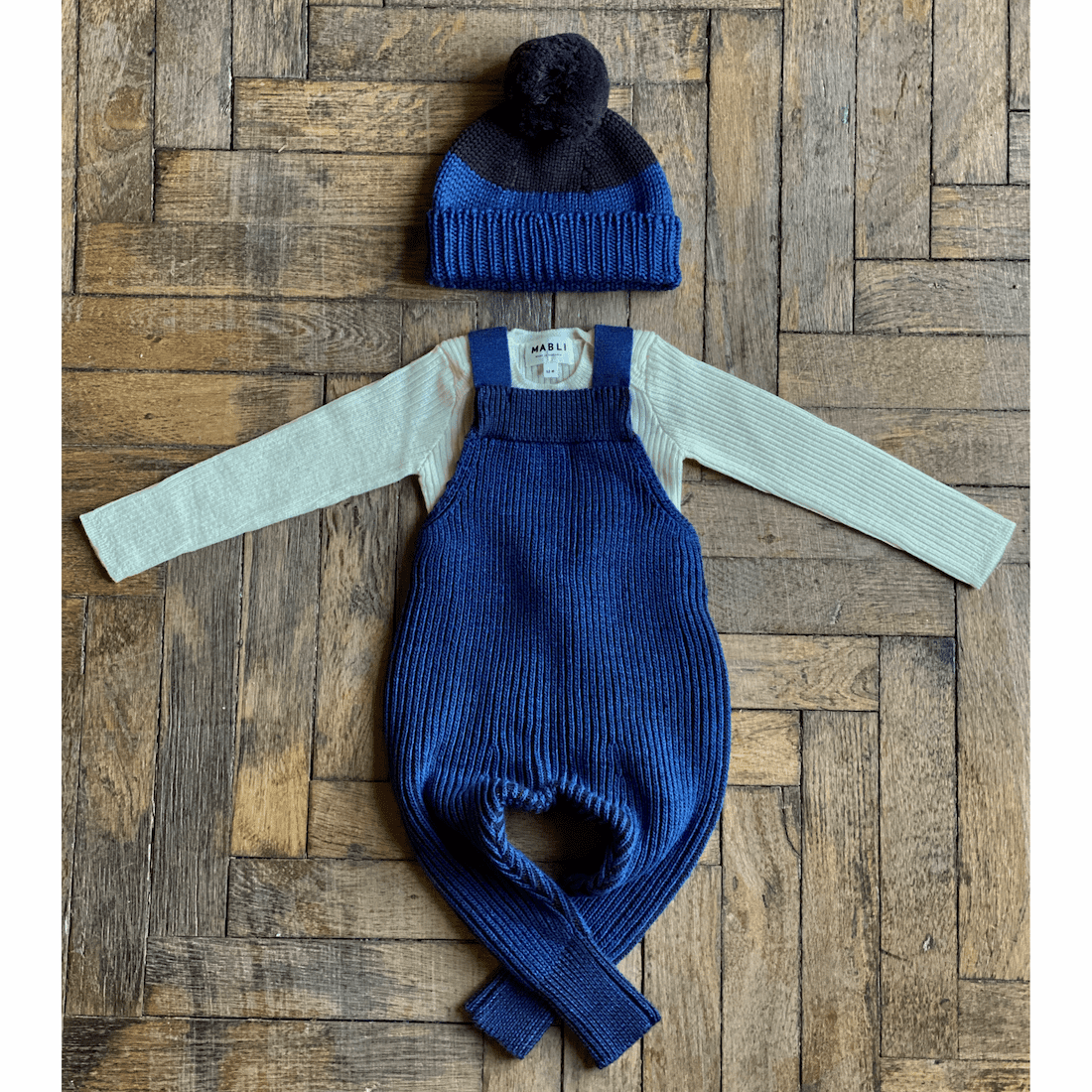 Slate Blue Cocoa Caio Dungarees & Ivory Sylfaen Skinny Rib