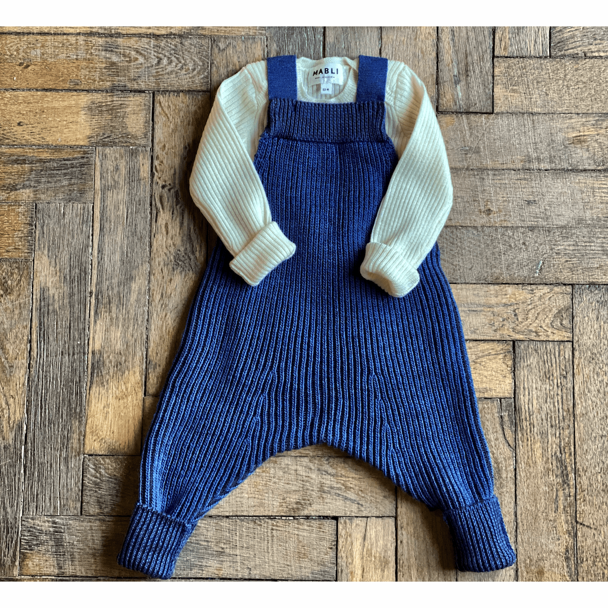 Slate Blue Cocoa Caio Dungarees & Ivory Sylfaen Skinny Rib