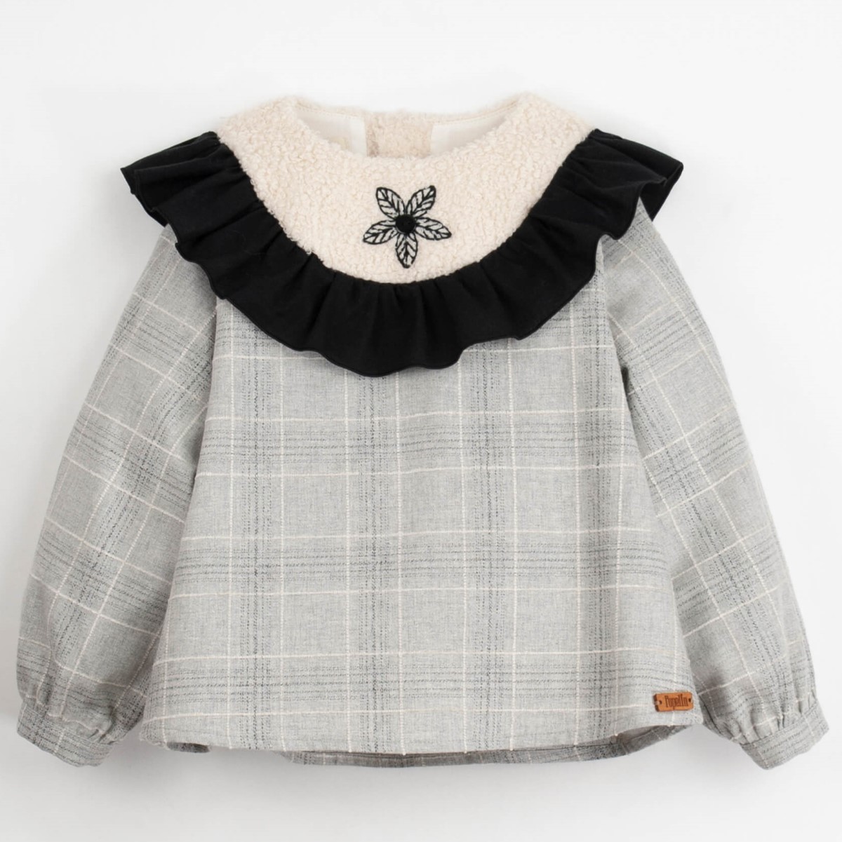 Corduroy High Waisted Culotte & Rounded Yolk Blouse | Black/Grey Plaid