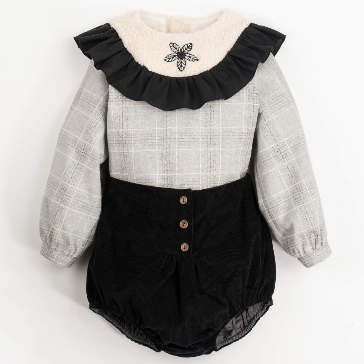 Corduroy High Waisted Culotte & Rounded Yolk Blouse | Black/Grey Plaid