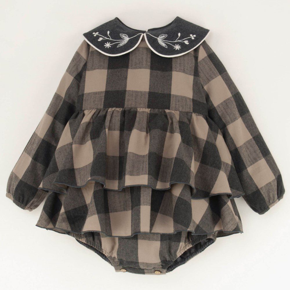 Taupe Check Romper Suit W/ Frill